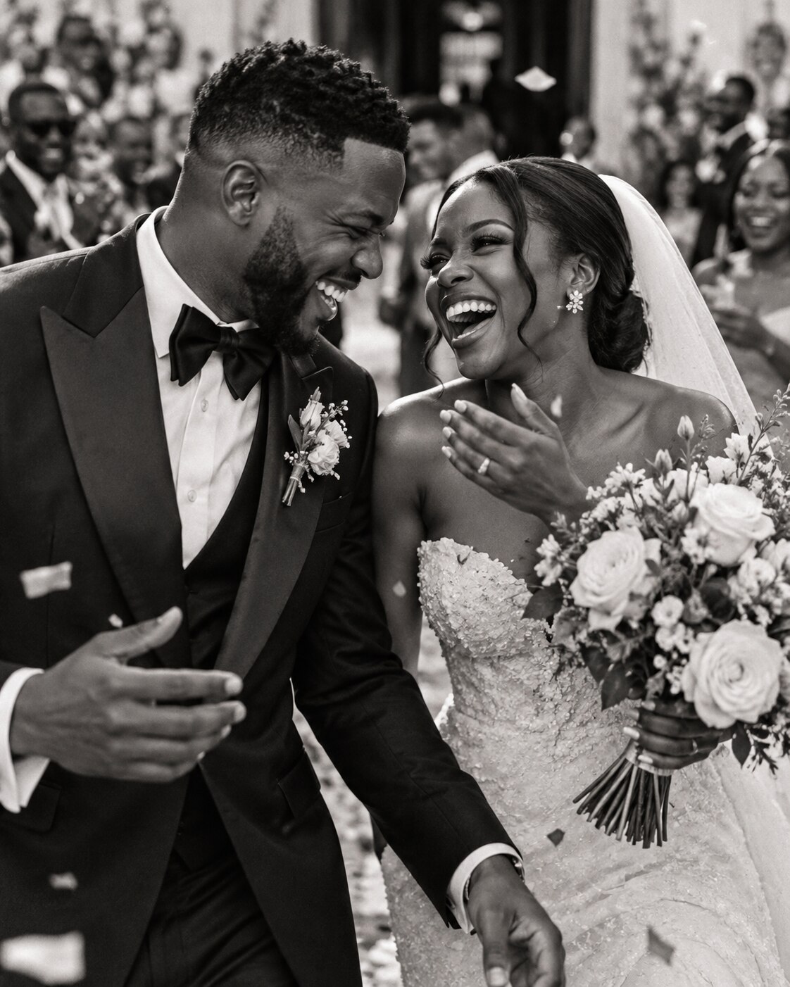 Newlywed couple laughing after their ceremony
